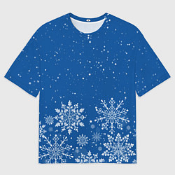 Мужская футболка оверсайз Текстура снежинок на синем фоне