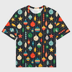 Мужская футболка оверсайз Новогодние ёлочные игрушки на черном фоне