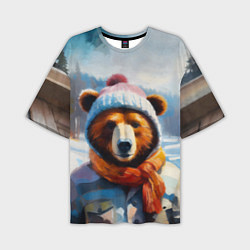 Футболка оверсайз мужская Бурый медведь в зимней одежде, цвет: 3D-принт