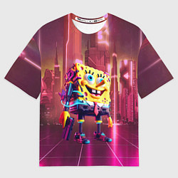 Футболка оверсайз мужская Губка Боб с пистолетом в неоновом городе, цвет: 3D-принт