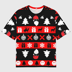 Футболка оверсайз мужская Новогодний патерн с оленями и сантой, цвет: 3D-принт