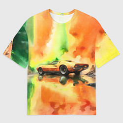 Футболка оверсайз мужская Машина на оранжево зеленом фоне акварель, цвет: 3D-принт