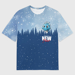 Мужская футболка оверсайз Дракон в зимнем лесу