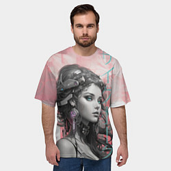 Футболка оверсайз мужская Девушка киборг на розовом фоне, цвет: 3D-принт — фото 2