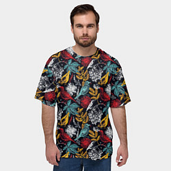 Футболка оверсайз мужская Разноцветные лесные птицы, цвет: 3D-принт — фото 2