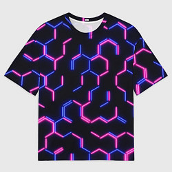 Футболка оверсайз мужская Сине-розовые неоновые неполные гексагоны, цвет: 3D-принт