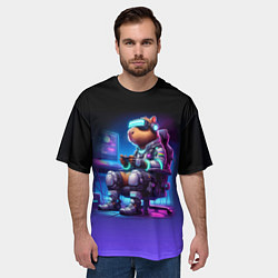 Футболка оверсайз мужская Капибара в виртуальном шлеме - киберпанк, цвет: 3D-принт — фото 2