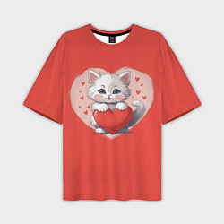 Футболка оверсайз мужская Мультяшный котенок держит красное сердечко, цвет: 3D-принт