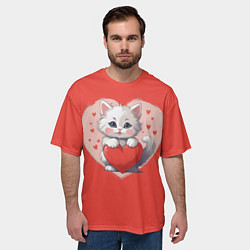 Футболка оверсайз мужская Мультяшный котенок держит красное сердечко, цвет: 3D-принт — фото 2