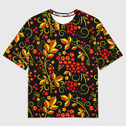 Футболка оверсайз мужская Хохломская роспись золотистые листья чёрном фоне, цвет: 3D-принт