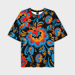 Мужская футболка оверсайз Хохломская роспись разноцветные цветы на чёроном ф