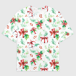 Футболка оверсайз мужская Елочные ветки и подарки с красным бантом акварелью, цвет: 3D-принт