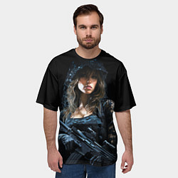 Футболка оверсайз мужская Брюнетка снайпер в черном камуфляже, цвет: 3D-принт — фото 2