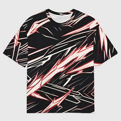 Мужская футболка оверсайз Красные и белые полосы на чёрном фоне