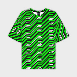 Футболка оверсайз мужская Чёрно-зелёный линейный узор киберпанк, цвет: 3D-принт