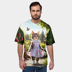 Футболка оверсайз мужская Кошка в летнем платье в саду, цвет: 3D-принт — фото 2