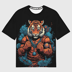 Футболка оверсайз мужская Муай - Тай тигр в стойке боевые искусства, цвет: 3D-принт