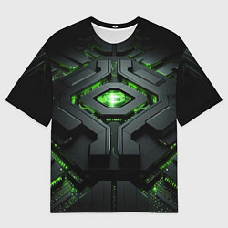 Мужская футболка оверсайз Объемная абстрактная яркая зеленая фигура на черно