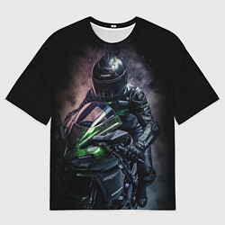 Футболка оверсайз мужская Мотоциклист на спортивном байке черный фон, цвет: 3D-принт