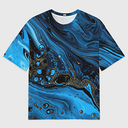 Футболка оверсайз мужская Черные и синие сияющие волны, цвет: 3D-принт