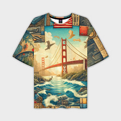 Мужская футболка оверсайз Мост через реку и пэчворк - нейросеть арт USA brid