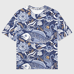 Футболка оверсайз мужская Рыба карп - синий корейский узор, цвет: 3D-принт
