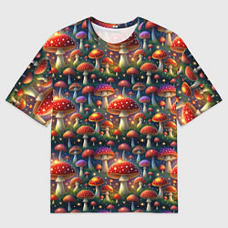 Мужская футболка оверсайз Красные мухоморы в лесу паттерн