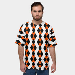 Футболка оверсайз мужская Чёрные и оранжевые ромбы на белом фоне, цвет: 3D-принт — фото 2