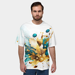 Футболка оверсайз мужская Бирюзово голубая абстракция, брызги краски на бело, цвет: 3D-принт — фото 2