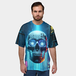 Футболка оверсайз мужская Cyber skull - neon glow ai art, цвет: 3D-принт — фото 2
