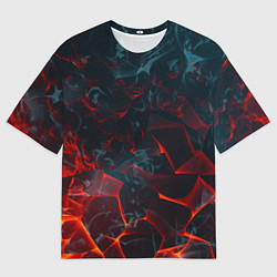 Мужская футболка оверсайз Темная абстракция с разломом красных плит