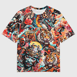 Мужская футболка оверсайз Японская татуировка дракона тигра и самурая