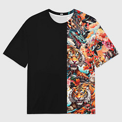 Мужская футболка оверсайз Тату ирезуми дракона тигр лис и самурай