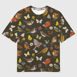Футболка оверсайз мужская Птицы и бабочки с цветами паттерн, цвет: 3D-принт
