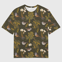 Мужская футболка оверсайз Хохлатые синицы и мимоза паттерн