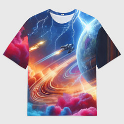 Футболка оверсайз мужская Полёт к сатурну - нейросеть, цвет: 3D-принт
