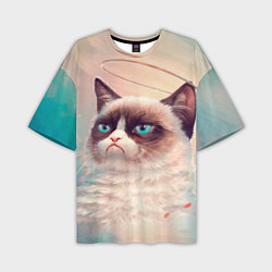 Футболка оверсайз мужская Мемный кот Grumpy Cat с нимбом, цвет: 3D-принт