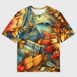 Мужская футболка оверсайз Композиция из цветов и рваной джинсы - нейросеть