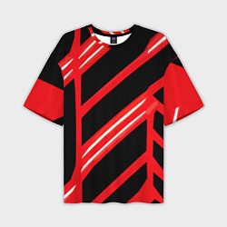 Футболка оверсайз мужская Чёрно-белые полосы на красном фоне, цвет: 3D-принт