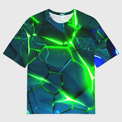 Мужская футболка оверсайз Неоновые яркие зеленые разломленные плиты со свето