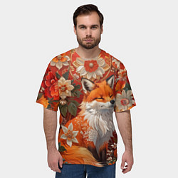 Футболка оверсайз мужская Умилительный лисёнок в цветах, цвет: 3D-принт — фото 2