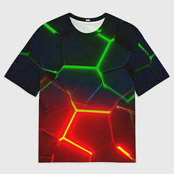 Футболка оверсайз мужская Зеленые и красные неоновые плиты в разломе, цвет: 3D-принт