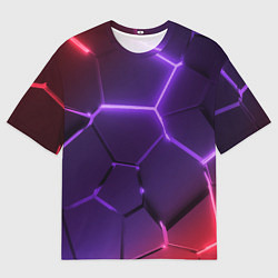 Мужская футболка оверсайз Красно-фиолетовые неоновые плиты в разломе