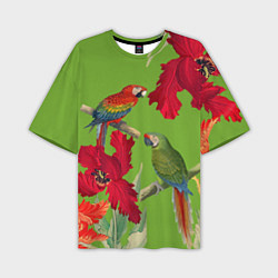 Мужская футболка оверсайз Попугаи среди цветов