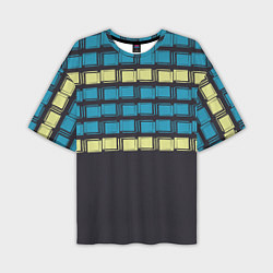 Мужская футболка оверсайз Голубые и мятные квадраты на темном