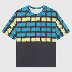 Мужская футболка оверсайз Голубые и мятные квадраты на темном
