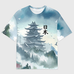 Мужская футболка оверсайз Японская пагода в тумане - нейросеть