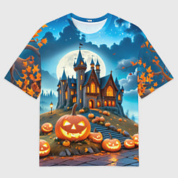Мужская футболка оверсайз Ночь Хэллоуина тыквы и замок