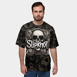 Футболка оверсайз мужская Slipknot на фоне черепа в очках и наушниках, цвет: 3D-принт — фото 2