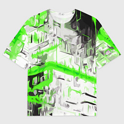Мужская футболка оверсайз Бело-зелёная абстракция на чёрном фоне